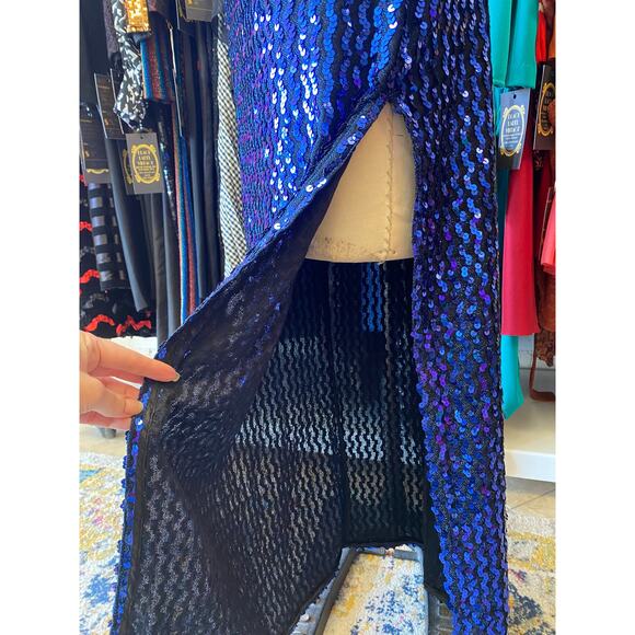 vintage 1980s metallic blue sequin one shoulder fitted gown by Climax, medium - Picture 8 of 10